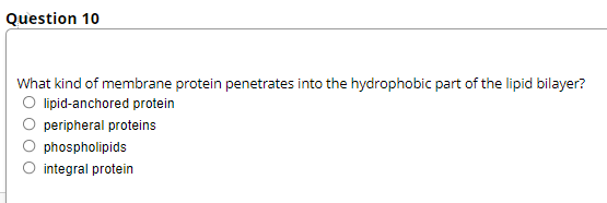 Question 10
What kind of membrane protein penetrates into the hydrophobic part of the lipid bilayer?
O lipid-anchored protein
peripheral proteins
phospholipids
O integral protein