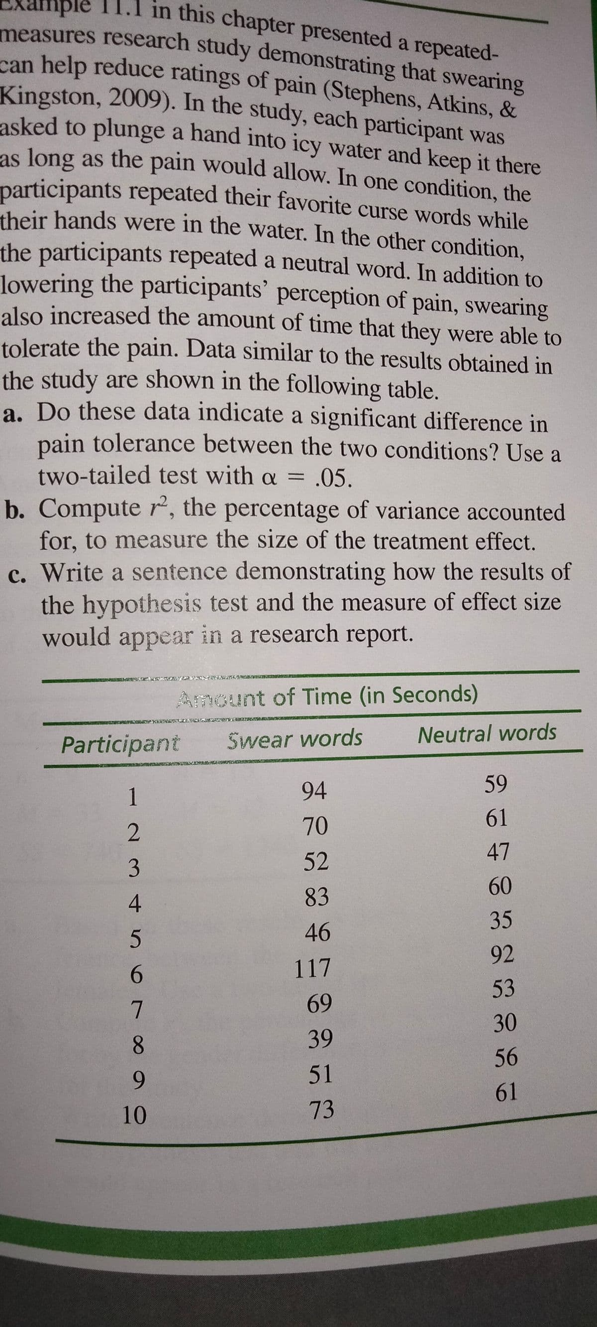 Example
II.I in this chapter presented a repeated-
measures research study demonstrating that swearing
can help reduce ratings of pain (Stephens, Atkins, &
Kingston, 2009). In the study, each participant v
Kingston, 2009). In the study, each participant was
asked to plunge a hand into icy water and keep it there
as long as the pain would allow. In one condition, the
participants repeated their favorite curse words while
their hands were in the water. In the other condition,
the participants repeated a neutral word. In addition to
lowering the participants' perception of pain, swearing
also increased the amount of time that they were able to
tolerate the pain. Data similar to the results obtained in
the study are shown in the following table.
a. Do these data indicate a significant difference in
pain tolerance between the two conditions? Use a
two-tailed test with a = .05.
%3D
b. Compute r, the percentage of variance accounted
for, to measure the size of the treatment effect.
c. Write a sentence demonstrating how the results of
the hypothesis test and the measure of effect size
would appear in a research report.
Ancunt of Time (in Seconds)
Participant
Swear words
Neutral words
94
59
1
70
61
47
52
60
4
83
35
46
92
6.
117
53
69
30
39
56
9.
51
61
10
73
5 78
