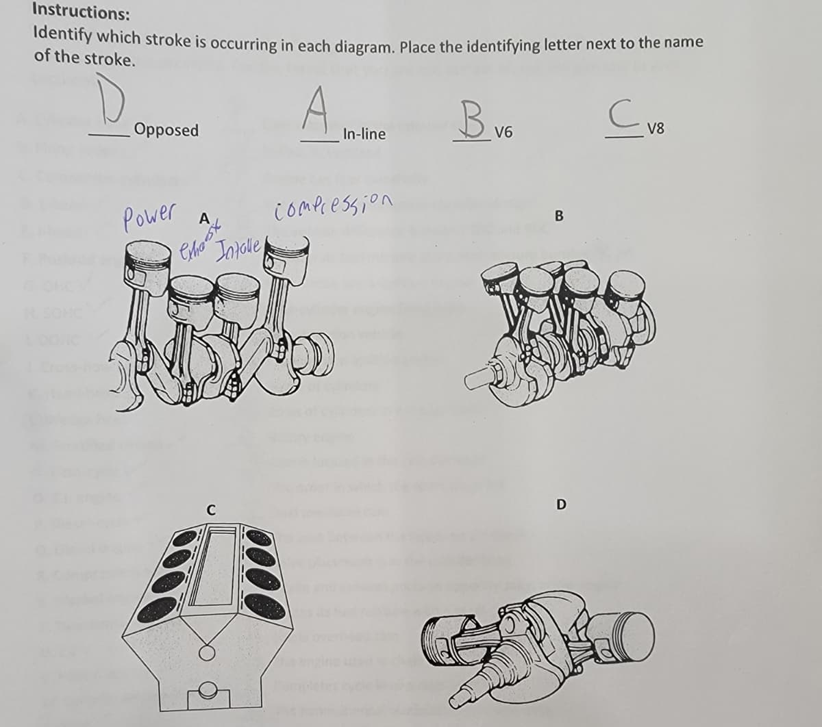 Instructions:
Tdentify which stroke is occurring in each diagram, Place the identifying letter next to the name
of the stroke.
A
Bve
V8
Opposed
In-line
V6
iomPiession
В
Power
D
C
