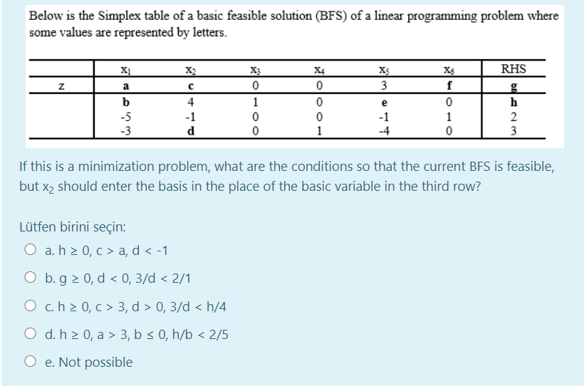 Below is the Simplex table of a basic feasible solution (BFS) of a linear programming problem where
some values are represented by letters.
RHS
X5
f
X2
X3
X4
a
3
b
4
1
e
h
-5
-3
-1
-1
1
2
d
1
-4
