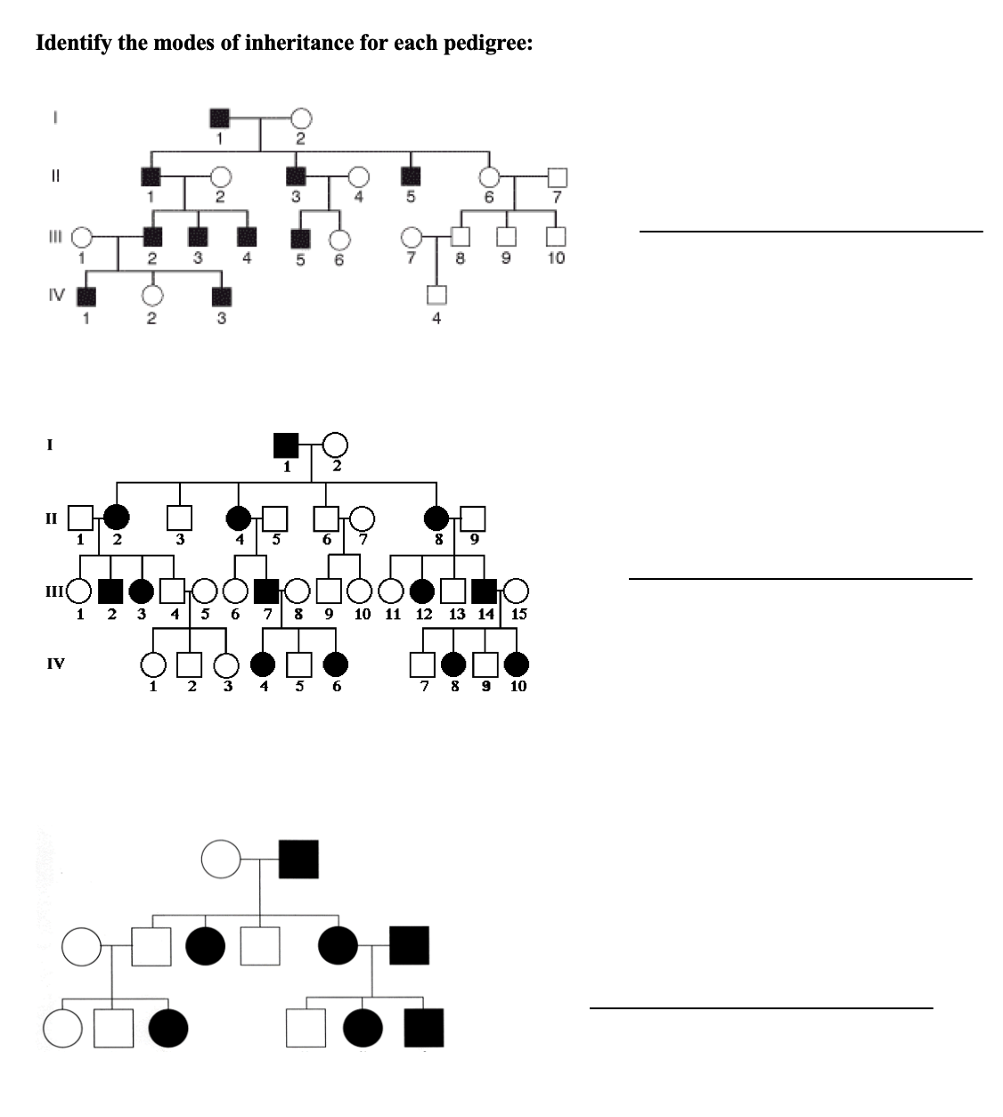 Identify the modes of inheritance for each pedigree:
2
3
7
II
1
2
3
8
10
IV
3
4
I
II
II
1 2 3 45
6
7
8 9
10 11 12
13 14
15
IV
1
5
7 8 9
10
