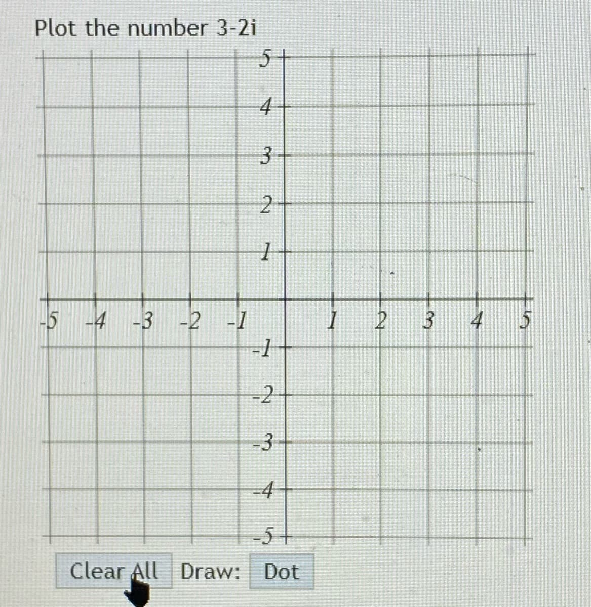 Plot the number 3-2i
5+
4
3.
5 -4 -3 -2 -1
2 3
4
-3
-4-
-5+
Clear All Draw: Dot
2.
2.
