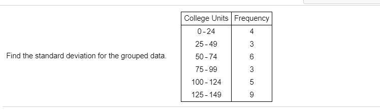 College Units Frequency
0-24
25-49
3
Find the standard deviation for the grouped data.
50-74
6
75-99
100-124
5
125-149
9
CO
