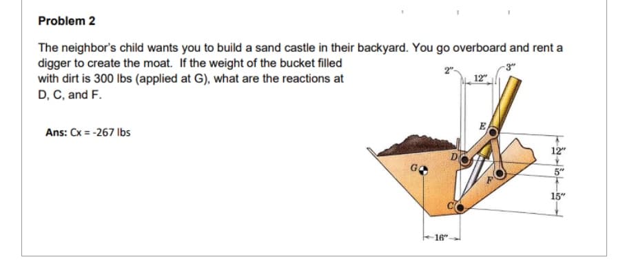 Problem 2
The neighbor's child wants you to build a sand castle in their backyard. You go overboard and rent a
digger to create the moat. If the weight of the bucket filled
with dirt is 300 lbs (applied at G), what are the reactions at
D, C, and F.
12"
Ans: Cx = -267 lbs
16"
D
E
12"
5"
15"