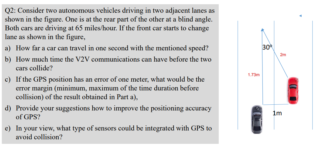 Q2: Consider two autonomous vehicles driving in two adjacent lanes as
shown in the figure. One is at the rear part of the other at a blind angle.
Both cars are driving at 65 miles/hour. If the front car starts to change
lane as shown in the figure,
a) How far a car can travel in one second with the mentioned speed?
30%
2m
b) How much time the V2V communications can have before the two
cars collide?
1.73m
c) If the GPS position has an error of one meter, what would be the
error margin (minimum, maximum of the time duration before
collision) of the result obtained in Part a),
d) Provide your suggestions how to improve the positioning accuracy
of GPS?
1m
e) In your view, what type of sensors could be integrated with GPS to
avoid collision?
