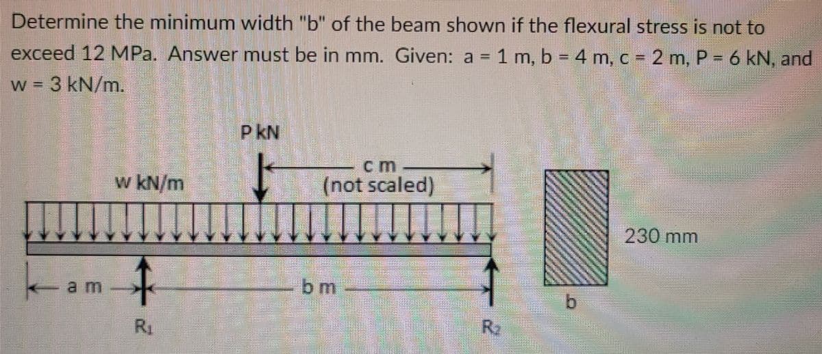 Determine the minimum width "b" of the beam shown if the flexural stress is not to
exceed 12 MPa. Answer must be in mm. Given: a = 1 m, b = 4 m, c = 2 m, P = 6 kN, and
%3D
%3D
w = 3 kN/m.
P kN
c m
w kN/m
(not scaled)
230mm
am
bm
b.
R1
R2

