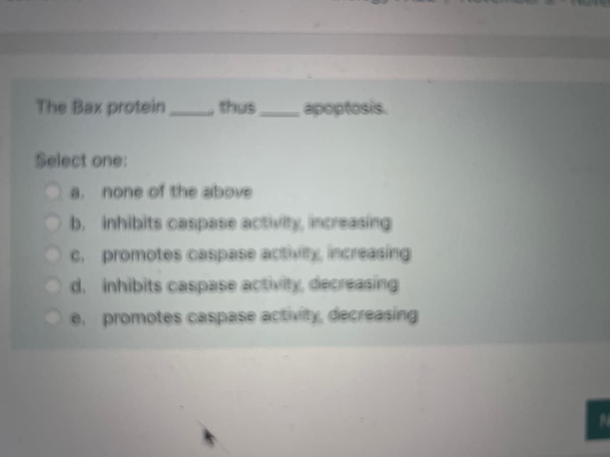 The Bax protein thus apoptosis.
Select one:
a. none of the above
b. inhibits caspase activity, increasing
c. promotes caspase activity, increasing
d. inhibits caspase activity, decreasing
e, promotes caspase activity, decreasing