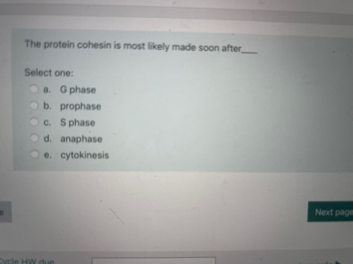 -
The protein cohesin is most likely made soon after_
Select one:
a. G phase
b. prophase
c. S phase
d. anaphase
e, cytokinesis
Cycle HW due
Next page