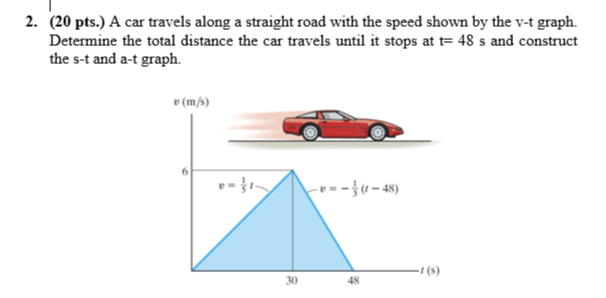 2. (20 pts.) A car travels along a straight road with the speed shown by the v-t graph.
Determine the total distance the car travels until it stops at t= 48 s and construct
the s-t and a-t graph.
v (m/s)
-v --}( – 48)
-1 (s)
30
48

