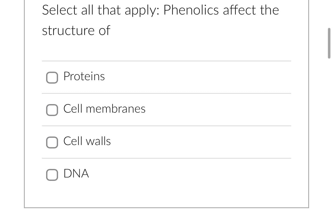 Select all that apply: Phenolics affect the
structure of
Proteins
Cell membranes
Cell walls
O DNA