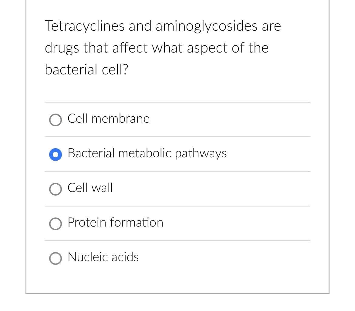 Tetracyclines and aminoglycosides are
drugs that affect what aspect of the
bacterial cell?
O Cell membrane
Bacterial metabolic pathways
Cell wall
O Protein formation
O Nucleic acids
