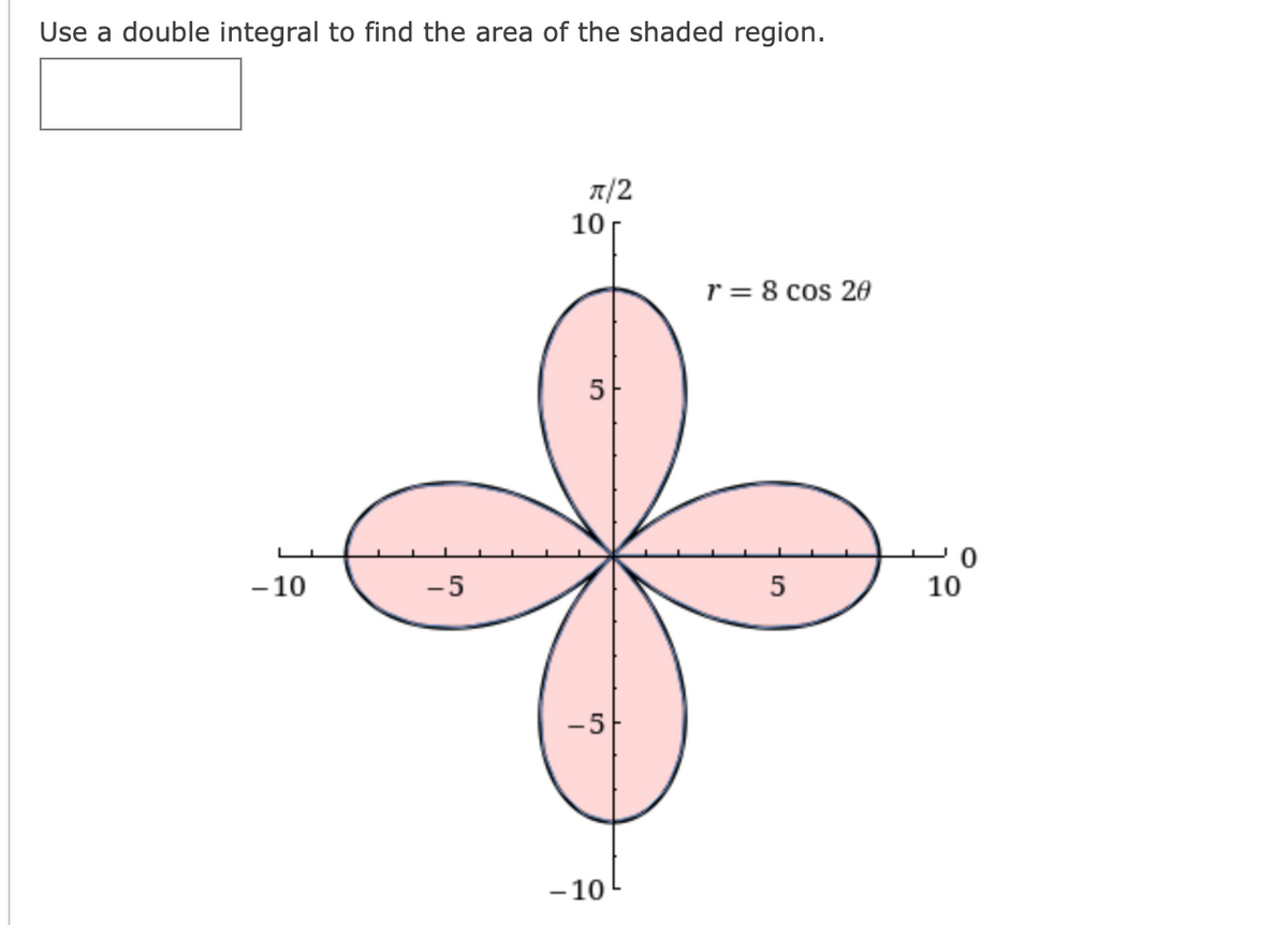Use a double integral to find the area of the shaded region.
T/2
10
r = 8 cos 20
5
-10
-5
5
10
-5
-10
