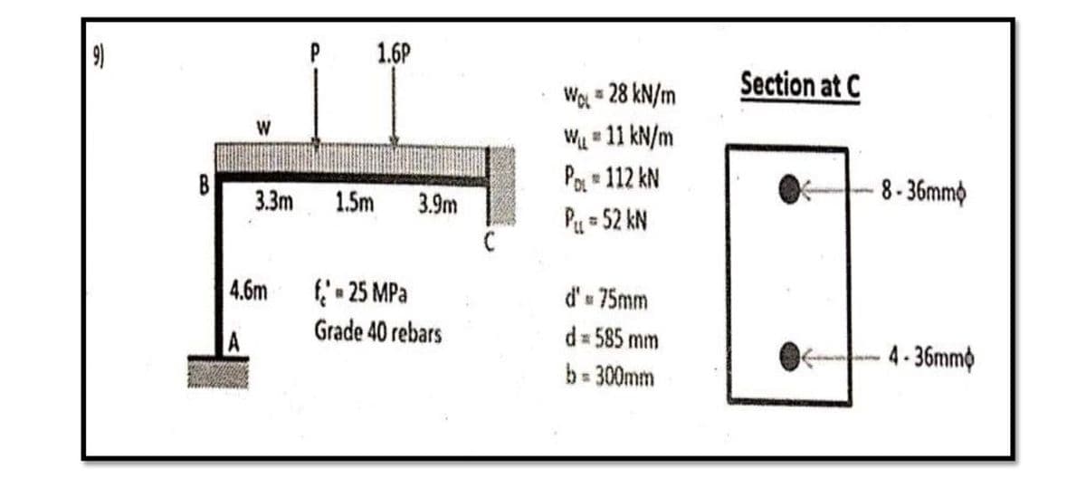 1.6P
(6
Section at C
We = 28 kN/m
Wu = 11 kN/m
Pa 112 kN
Pu = 52 kN
W
B
3.3m
1.5m
3.9m
-8-36mmộ
4.6m
( 25 MPa
d'u 75mm
Grade 40 rebars
d= 585 mm
4-36mmo
b 300mm
