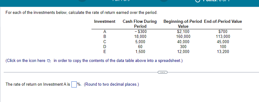 For each of the investments below, calculate the rate of return earned over the period.
Investment
Cash Flow During
Period
- $300
18,000
с
5,000
D
60
E
1,500
(Click on the icon here in order to copy the contents of the data table above into a spreadsheet.)
A
B
The rate of return on Investment A is %. (Round to two decimal places.)
Beginning-of-Period End-of-Period Value
Value
$2,100
160,000
40,000
300
12,000
$700
113,000
45,000
100
13,200