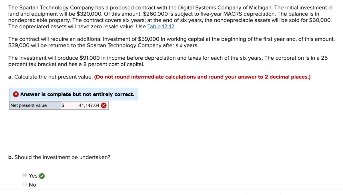 The Spartan Technology Company has a proposed contract with the Digital Systems Company of Michigan. The initial investment in
land and equipment will be $320,000. Of this amount, $260,000 is subject to five-year MACRS depreciation. The balance is in
nondepreciable property. The contract covers six years; at the end of six years, the nondepreciable assets will be sold for $60,000.
The depreciated assets will have zero resale value. Use Table 12-12.
The contract will require an additional investment of $59,000 in working capital at the beginning of the first year and, of this amount,
$39,000 will be returned to the Spartan Technology Company after six years.
The investment will produce $91,000 in income before depreciation and taxes for each of the six years. The corporation is in a 25
percent tax bracket and has a 8 percent cost of capital.
a. Calculate the net present value. (Do not round intermediate calculations and round your answer to 2 decimal places.)
X Answer is complete but not entirely correct.
Net present value
$
41,147.64 x
b. Should the investment be undertaken?
O Yes
No