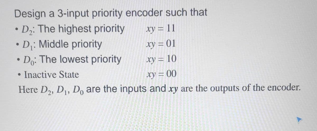 Design a 3-input priority encoder such that
• D₂: The highest priority
xy = 11
D₁: Middle priority
xy = 01
Do: The lowest priority
xy = 10
Inactive State
xy = 00
Here D2, D₁, Do are the inputs and xy are the outputs of the encoder.
●
by Me