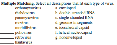Multiple Matching. Select all descriptions that fit each type of virus.
a. enveloped
b. double-stranded RNA
c. single-stranded RNA
d. genome in segments
e. icosahedral capsid
f. helical nucleocapsid
g. nonenveloped
-orthomyxovirus
- rhabdovirus
- paramyxovirus
. reovirus
- morbillivirus
- poliovirus
.retrovirus
.hantavirus
