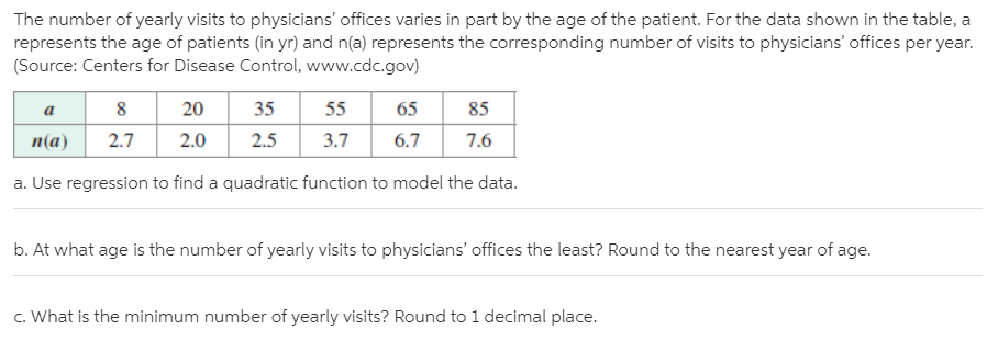 The number of yearly visits to physicians' offices varies in part by the age of the patient. For the data shown in the table, a
represents the age of patients (in yr) and n(a) represents the corresponding number of visits to physicians' offices per year.
(Source: Centers for Disease Control, www.cdc.gov)
35
20
55
65
85
6.7
п(a)
2.7
2.0
2.5
3.7
7.6
a. Use regression to find a quadratic function to model the data.
b. At what age is the number of yearly visits to physicians' offices the least? Round to the nearest year of age.
c. What is the minimum number of yearly visits? Round to 1 decimal place.
