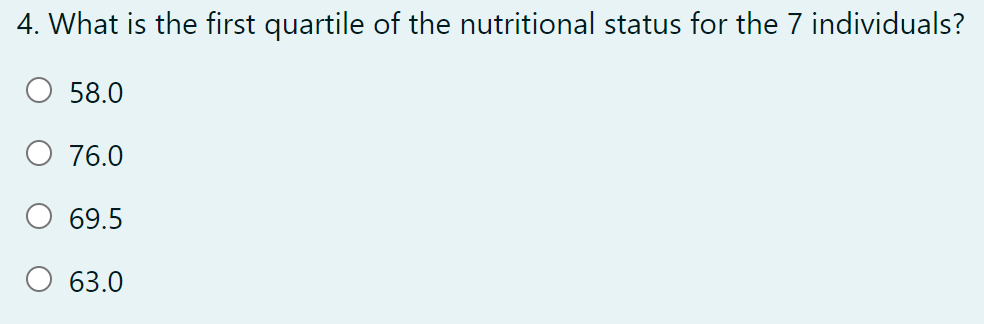 4. What is the first quartile of the nutritional status for the 7 individuals?
58.0
O 76.0
69.5
63.0