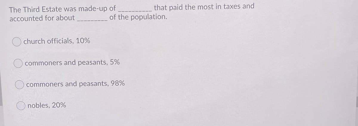 The Third Estate was made-up of
that paid the most in taxes and
accounted for about
of the population.
church officials, 10%
commoners and peasants, 5%
commoners and peasants, 98%
nobles, 20%
