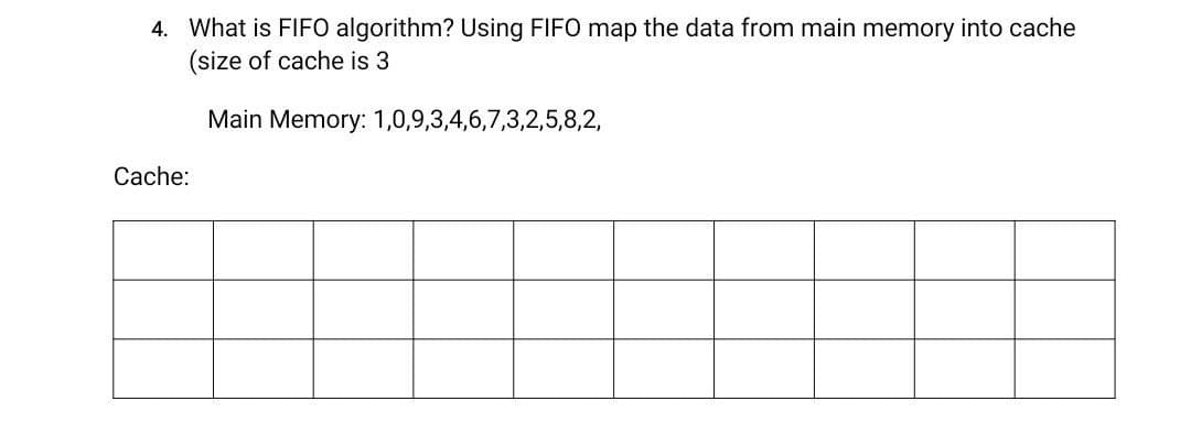 4. What is FIFO algorithm? Using FIFO map the data from main memory into cache
(size of cache is 3
Main Memory: 1,0,9,3,4,6,7,3,2,5,8,2,
Cache:
