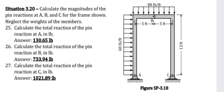 80 lb/ft
Situation 3.20 – Calculate the magnitudes of the
pin reactions at A, B, and C for the frame shown.
Neglect the weights of the members.
25. Calculate the total reaction of the pin
B
- 5 ft-5 ft-
reaction at A, in lb.
Answer: 130.65 Ilb
26. Calculate the total reaction of the pin
reaction at B, in lb.
Answer: 733.94 Ilb
27. Calculate the total reaction of the pin
reaction at C, in lb.
Answer: 1021.89 lb
Figure SP-3.18
y/91 09
12 ft
