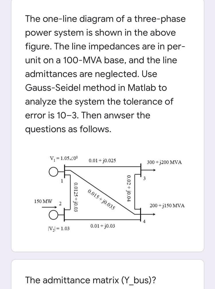 The one-line diagram of a three-phase
power system is shown in the above
figure. The line impedances are in per-
unit on a 100-MVA base, and the line
admittances are neglected. Use
Gauss-Seidel method in Matlab to
analyze the system the tolerance of
error is 10-3. Then anwser the
questions as follows.
V, = 1.05200
0.01+ j0.025
300 + j200 MVA
0.015 + j0.035
150 MW
200 +j150 MVA
0.01+ j0.03
|V = 1.03
The admittance matrix (Y_bus)?
0.02 + jo.04
0.0125 + jo.03
2.
