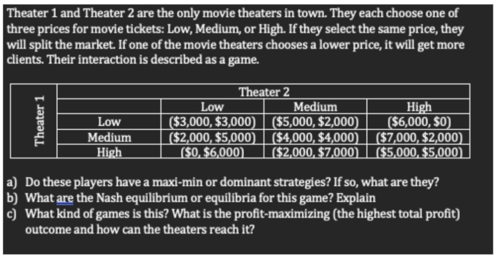 Theater 1 and Theater 2 are the only movie theaters in town. They each choose one of
three prices for movie tickets: Low, Medium, or High. If they select the same price, they
will split the market. If one of the movie theaters chooses a lower price, it will get more
clients. Their interaction is described as a game.
Theater 2
High
($6,000, $0)
|($2,000, $5,000) | ($4,000, $4,000) | ($7,000, $2,000)
($2,000, $7,000) ($5,000, $5,000)
Medium
($3,000, $3,000) ($5,000, $2,000)
Low
Low
Medium
High
($0, $6,000)
a) Do these players have a maxi-min or dominant strategies? If so, what are they?
b) What are the Nash equilibrium or equilibria for this game? Explain
c) What kind of games is this? What is the profit-maximizing (the highest total profit)
outcome and how can the theaters reach it?
Theater 1
