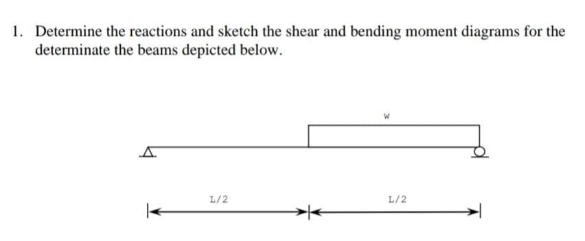 1. Determine the reactions and sketch the shear and bending moment diagrams for the
determinate the beams depicted below.
A
L/2
L/2