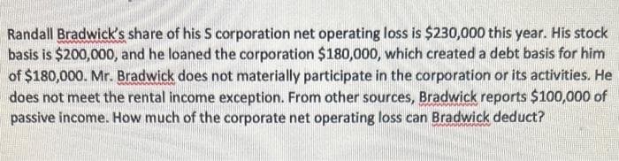Randall Bradwick's share of his S corporation net operating loss is $230,000 this year. His stock
basis is $200,000, and he loaned the corporation $180,000, which created a debt basis for him
of $180,000. Mr. Bradwick does not materially participate in the corporation or its activities. He
does not meet the rental income exception. From other sources, Bradwick reports $100,000 of
passive income. How much of the corporate net operating loss can Bradwick deduct?