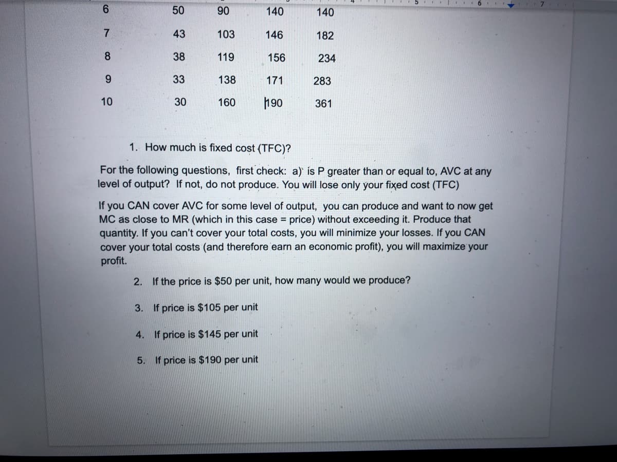 6.
50
90
140
140
7
43
103
146
182
38
119
156
234
9.
33
138
171
283
10
30
160
h90
361
1. How much is fixed cost (TFC)?
For the following questions, first check: a) is P greater than or equal to, AVC at any
level of output? If not, do not produce. You will lose only your fixed cost (TFC)
If you CAN cover AVC for some level of output, you can produce and want to now get
MC as close to MR (which in this case = price) without exceeding it. Produce that
quantity. If you can't cover your total costs, you will minimize your losses. If you CAN
cover your total costs (and therefore 'earn an economic profit), you will maximize'your
profit.
2. If the price is $50 per unit, how many would we produce?
3. If price is $105 per unit
4. If price is $145 per unit
5. If price is $190 per unit
