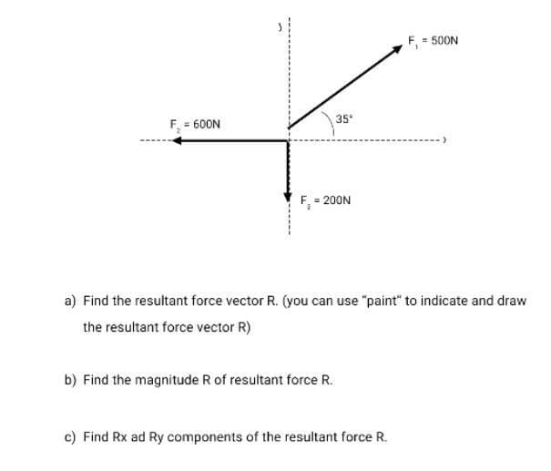 F, = 500N
35
F = 600N
F, = 200N
a) Find the resultant force vector R. (you can use "paint" to indicate and draw
the resultant force vector R)
b) Find the magnitude R of resultant force R.
c) Find Rx ad Ry components of the resultant force R.
