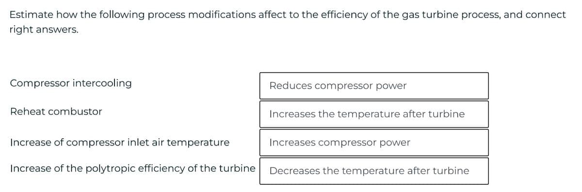 Estimate how the following process modifications affect to the efficiency of the gas turbine process, and connect
right answers.
Compressor intercooling
Reheat combustor
Increase of compressor inlet air temperature
Increase of the polytropic efficiency of the turbine
Reduces compressor power
Increases the temperature after turbine
Increases compressor power
Decreases the temperature after turbine