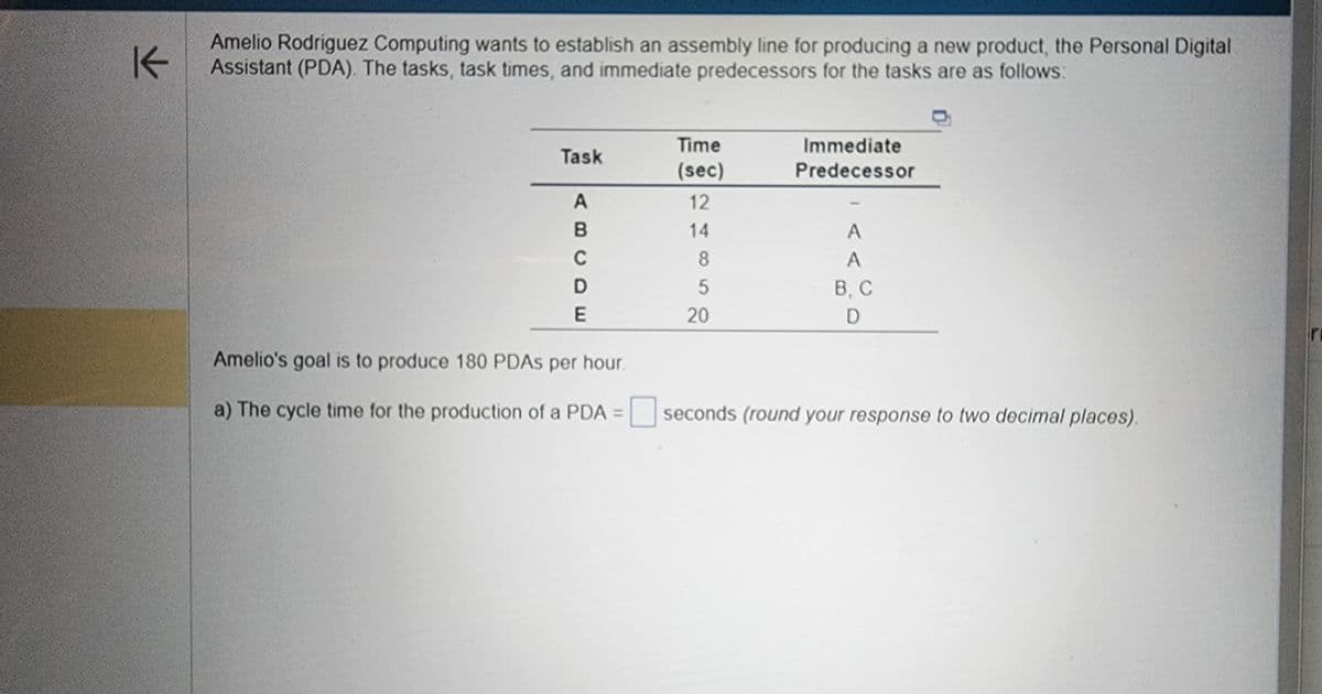 K
Amelio Rodríguez Computing wants to establish an assembly line for producing a new product, the Personal Digital
Assistant (PDA). The tasks, task times, and immediate predecessors for the tasks are as follows:
Task
A
B
C
D
E
Amelio's goal is to produce 180 PDAs per hour.
a) The cycle time for the production of a PDA =
Time
(sec)
12
14
8
5
20
Immediate
Predecessor
I
A
A
B, C
D
seconds (round your response to two decimal places).
ri