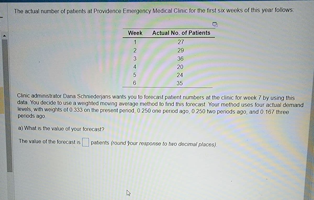 The actual number of patients at Providence Emergency Medical Clinic for the first six weeks of this year follows:
Week
1
2
3
4
5
6
Actual No. of Patients
27
29
36
20
24
35
Clinic administrator Dana Schniederjans wants you to forecast patient numbers at the clinic for week 7 by using this
data. You decide to use a weighted moving average method to find this forecast. Your method uses four actual demand
levels, with weights of 0.333 on the present period, 0.250 one period ago, 0.250 two periods ago, and 0.167 three
periods ago.
a) What is the value of your forecast?
The value of the forecast is
patients (round your response to two decimal places).
کے