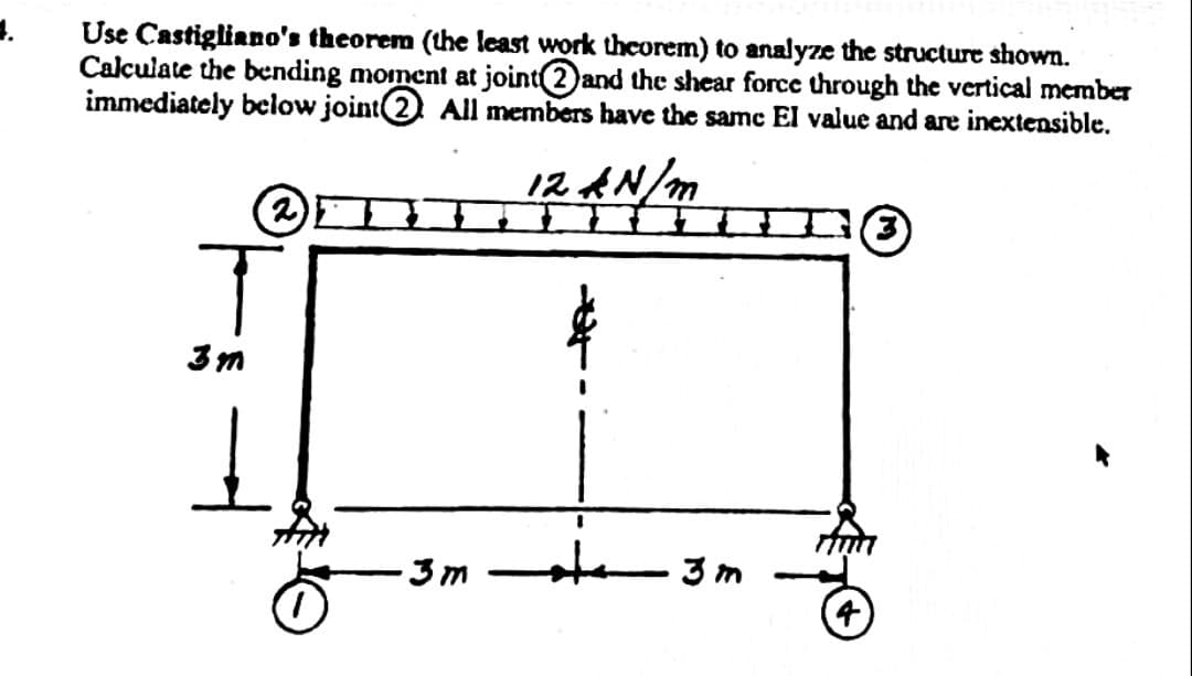 Use Castigliano's theorem (the least work theorem) to analyze the structure shown.
Calculate the bending moment at joint and the shear force through the vertical member
immediately below joint All members have the same El value and are inextensible.
12 kN/m
T
3m
Hum
ate
3m
3m