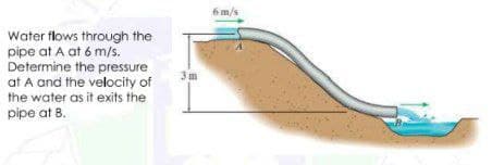 Water flows through the
pipe at A at 6 m/s.
Determine the pressure
at A and the velocity of
the water as it exits the
pipe at B.
3m
6 m/s