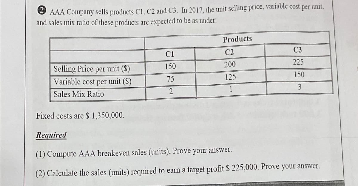 2 AAA Company sells products C1, C2 and C3. In 2017, the unit selling price, variable cost per unit,
and sales mix ratio of these products are expected to be as under:
Selling Price per unit ($)
Variable cost per unit ($)
Sales Mix Ratio
Fixed costs are $ 1,350,000.
Required
C1
150
75
2
Products
C2
200
125
1
C3
225
150
3
(1) Compute AAA breakeven sales (units). Prove your answer.
(2) Calculate the sales (units) required to earn a target profit $ 225,000. Prove your answer.