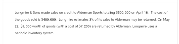 Longmire & Sons made sales on credit to Alderman Sports totaling $500,000 on April 18. The cost of
the goods sold is $400,000. Longmire estimates 3% of its sales to Alderman may be returned. On May
22, $9,000 worth of goods (with a cost of $7,200) are returned by Alderman. Longmire uses a
periodic inventory system.