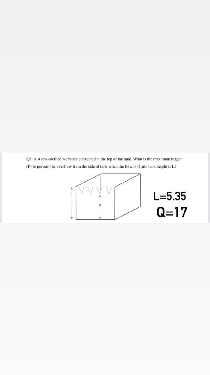 Q2: A 4 saw-toothed weirs are connected at the top of the tank. What is the maximum height
(P) to prevent the overflow from the side of tank when the flow is Q and tank height is L?
L=5.35
Q=17
