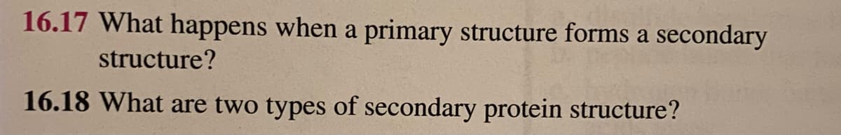 16.17 What happens when a primary structure forms a secondary
structure?
16.18 What are two types of secondary protein structure?