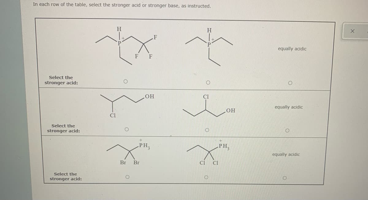In each row of the table, select the stronger acid or stronger base, as instructed.
H
H.
equally acidic
F
F
Select the
stronger acid:
OH
equally acidic
OH
Cl
Select the
stronger acid:
PH.
PH,
equally acidic
Br
Br
CI
Select the
stronger acid:
