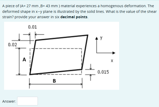 A piece of (A= 27 mm,B= 43 mm) material experiences a homogenous deformation. The
deformed shape in x-y plane is illustrated by the solid lines. What is the value of the shear
strain? provide your answer in six decimal points.
0.01
0.02
Answer:
A
B
0.015