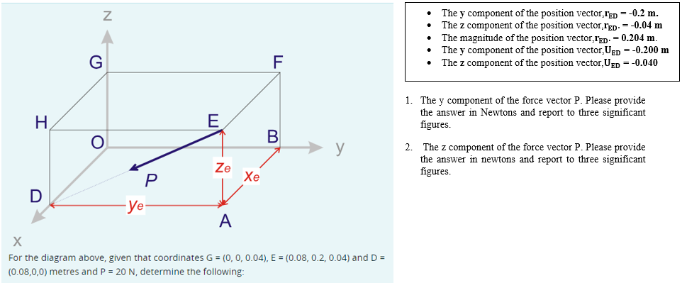H
D
(2
Z
G
O
ye
P
E
Ze
Xe
F
B
y
A
X
For the diagram above, given that coordinates G = (0, 0, 0.04), E = (0.08, 0.2, 0.04) and D =
(0.08,0,0) metres and P = 20 N, determine the following:
The y component of the position vector,FED = -0.2 m.
The z component of the position vector,TED. = -0.04 m
The magnitude of the position vector,TED. = 0.204 m.
The y component of the position vector, UED = -0.200 m
The z component of the position vector, UED = -0.040
1. The y component of the force vector P. Please provide
the answer in Newtons and report to three significant
figures.
2
The z component of the force vector P. Please provide
the answer in newtons and report to three significant
figures.