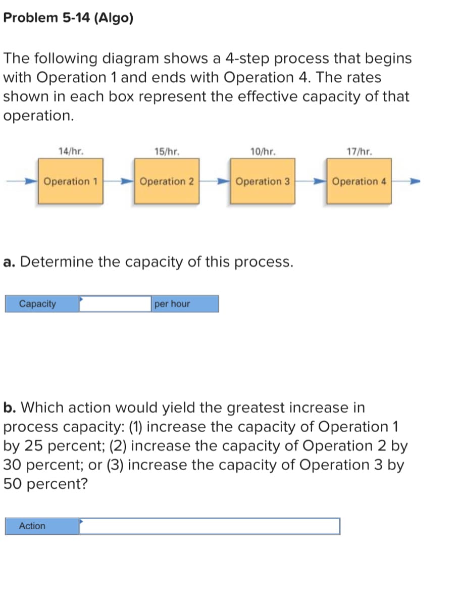 Problem 5-14 (Algo)
The following diagram shows a 4-step process that begins
with Operation 1 and ends with Operation 4. The rates
shown in each box represent the effective capacity of that
operation.
Operation 1
14/hr.
Capacity
15/hr.
Action
Operation 2
a. Determine the capacity of this process.
10/hr.
per hour
Operation 3
17/hr.
Operation 4
b. Which action would yield the greatest increase in
process capacity: (1) increase the capacity of Operation 1
by 25 percent; (2) increase the capacity of Operation 2 by
30 percent; or (3) increase the capacity of Operation 3 by
50 percent?