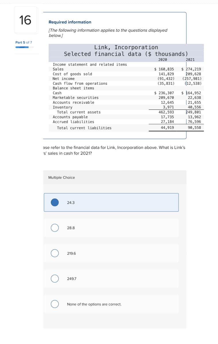 16
Part 5 of 7
Required information
[The following information applies to the questions displayed
below.]
Income statement and related items
Sales
Cost of goods sold
Net income
Cash flow from operations
Balance sheet items
Cash
Link, Incorporation
Selected financial data ($ thousands)
2020
2021
$ 160,835 $ 274,219
141,829 209,628
(91,432) (257,981)
(35,831)
(12,538)
Marketable securities
Accounts receivable
Inventory
Total current assets
Accounts payable
Accrued liabilities
Total current liabilities
Multiple Choice
O
о
ase refer to the financial data for Link, Incorporation above. What is Link's
's' sales in cash for 2021?
O
24.3
28.8
219.6
249.7
$ 236,307
209,670
None of the options are correct.
12,645
3,971
462,593
17,735
27,184
44,919
$ 164,952
22,638
21,655
40,556
249,801
13,962
76,596
90,558