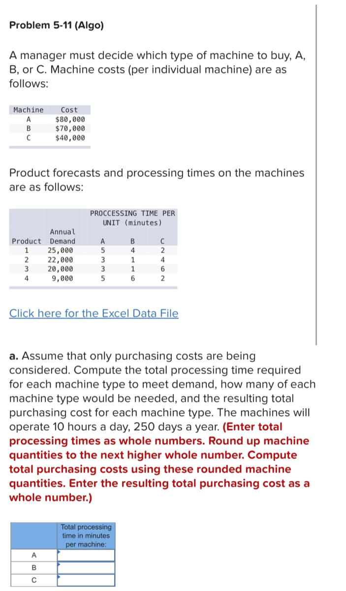 Problem 5-11 (Algo)
A manager must decide which type of machine to buy, A,
B, or C. Machine costs (per individual machine) are as
follows:
Machine
A
B
с
Cost
$80,000
$70,000
$40,000
Product forecasts and processing times on the machines
are as follows:
Annual
Product Demand.
1
2
3
4
25,000
22,000
20,000
9,000
A
B
с
PROCCESSING TIME PER
UNIT (minutes)
A
5
3
3
5
B
4
1
1
6
Total processing
time in minutes
per machine:
C
2
Click here for the Excel Data File
4
6
2
a. Assume that only purchasing costs are being
considered. Compute the total processing time required
for each machine type to meet demand, how many of each
machine type would be needed, and the resulting total
purchasing cost for each machine type. The machines will
operate 10 hours a day, 250 days a year. (Enter total
processing times as whole numbers. Round up machine
quantities to the next higher whole number. Compute
total purchasing costs using these rounded machine
quantities. Enter the resulting total purchasing cost as a
whole number.)