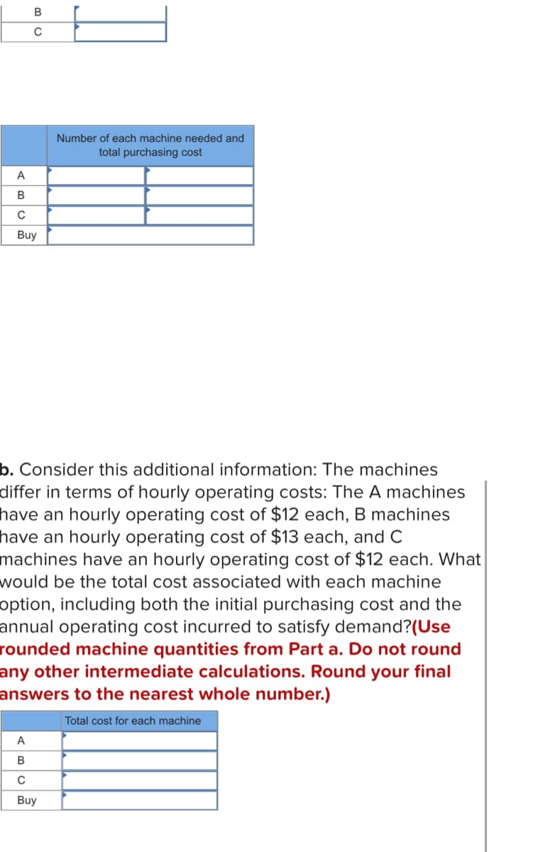 B
с
A
B
C
Buy
A
B
C
b. Consider this additional information: The machines
differ in terms of hourly operating costs: The A machines
have an hourly operating cost of $12 each, B machines
have an hourly operating cost of $13 each, and C
machines have an hourly operating cost of $12 each. What
would be the total cost associated with each machine
option, including both the initial purchasing cost and the
annual operating cost incurred to satisfy demand?(Use
rounded machine quantities from Part a. Do not round
any other intermediate calculations. Round your final
answers to the nearest whole number.)
Total cost for each machine
Number of each machine needed and
total purchasing cost
Buy