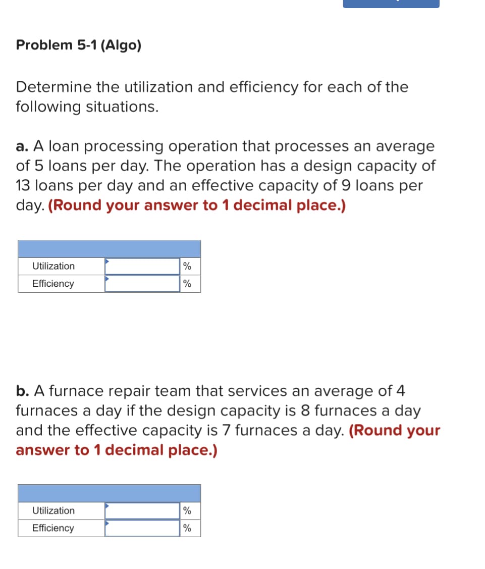 Problem 5-1 (Algo)
Determine the utilization and efficiency for each of the
following situations.
a. A loan processing operation that processes an average
of 5 loans per day. The operation has a design capacity of
13 loans per day and an effective capacity of 9 loans per
day. (Round your answer to 1 decimal place.)
Utilization
Efficiency
%
%
b. A furnace repair team that services an average of 4
furnaces a day if the design capacity is 8 furnaces a day
and the effective capacity is 7 furnaces a day. (Round your
answer to 1 decimal place.)
Utilization
Efficiency
%
%