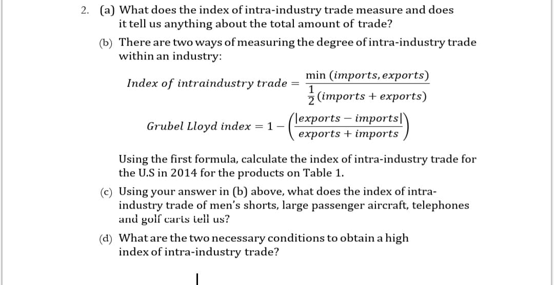 2. (a) What does the index of intra-industry trade measure and does
it tell us anything about the total amount of trade?
(b) There are two ways of measuring the degree of intra-industry trade
within an industry:
min (imports, exports)
Index of intraindustry trade =
1
2 (imports + exports)
-(lexpe
(lexports - imports|
exports + imports
Grubel Lloyd index = 1 -
Using the first formula, calculate the index of intra-industry trade for
the U.S in 2014 for the products on Table 1.
Using your answer in (b) above, what does the index of intra-
industry trade of men's shorts, large passenger aircraft, telephones
and golf carts tell us?
(d) What are the two necessary conditions to obtain a high
index of intra-industry trade?